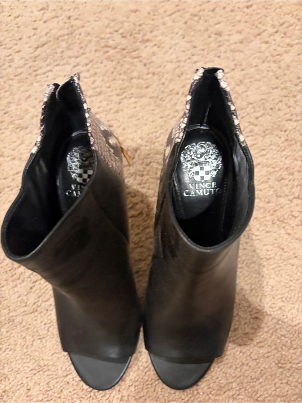 Vince Camuto Black Leather Peep-Toe Ankle Booties with Embellished Heel